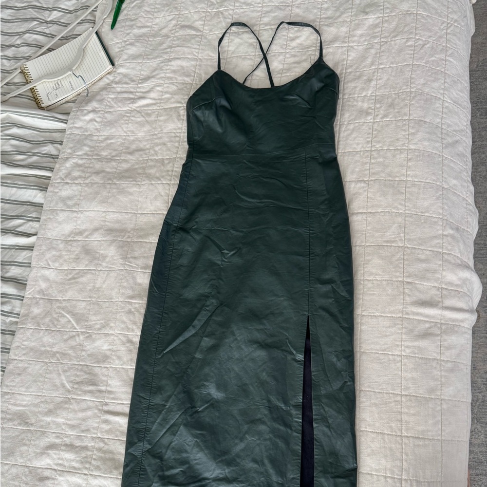 Zara Black Faux Leather Midi Slip Dress with Front Slit